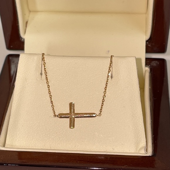 Solid Stamped Real Genuine 14K Yellow Gold Religious Sideways Cross Necklace - Picture 6 of 14